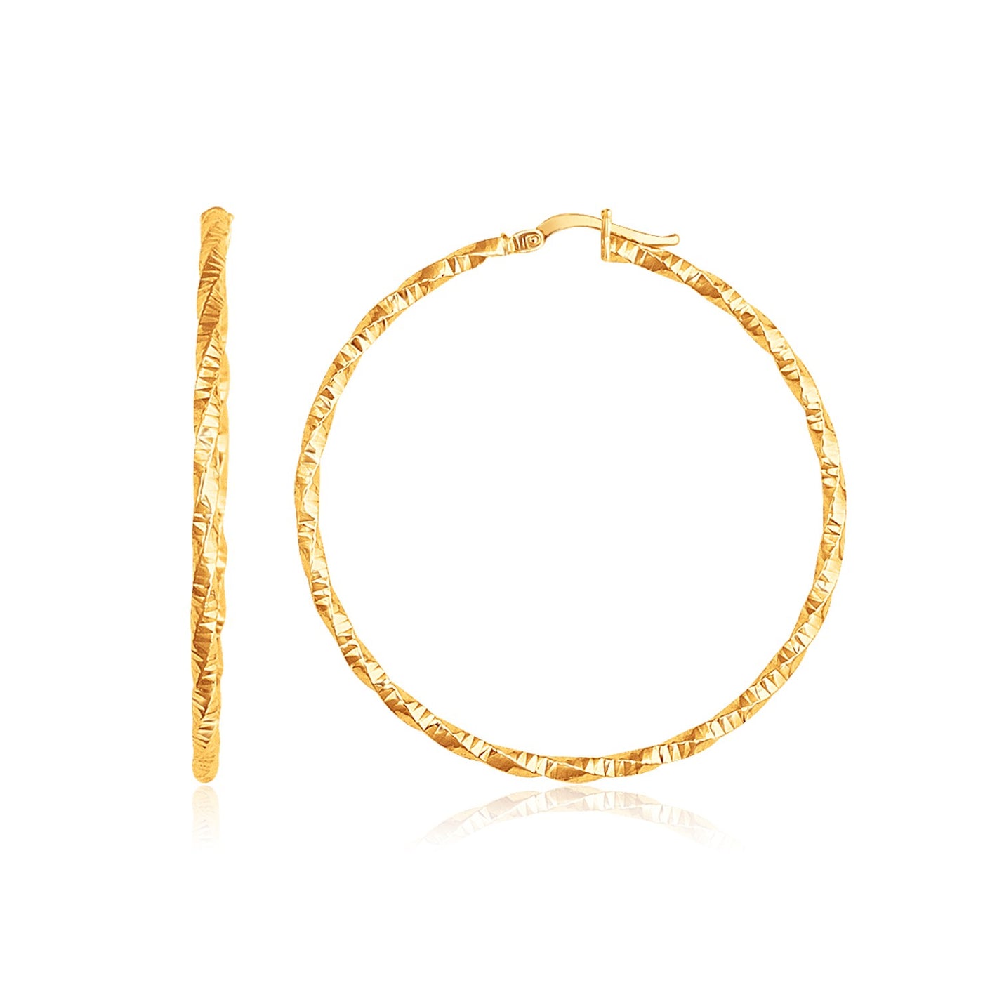 14k Yellow Gold Patterned Hoop Earrings with Twist Design(2x45mm)