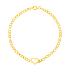 14k Yellow Gold 7 inch Curb Chain Bracelet with Heart (3.40 mm)