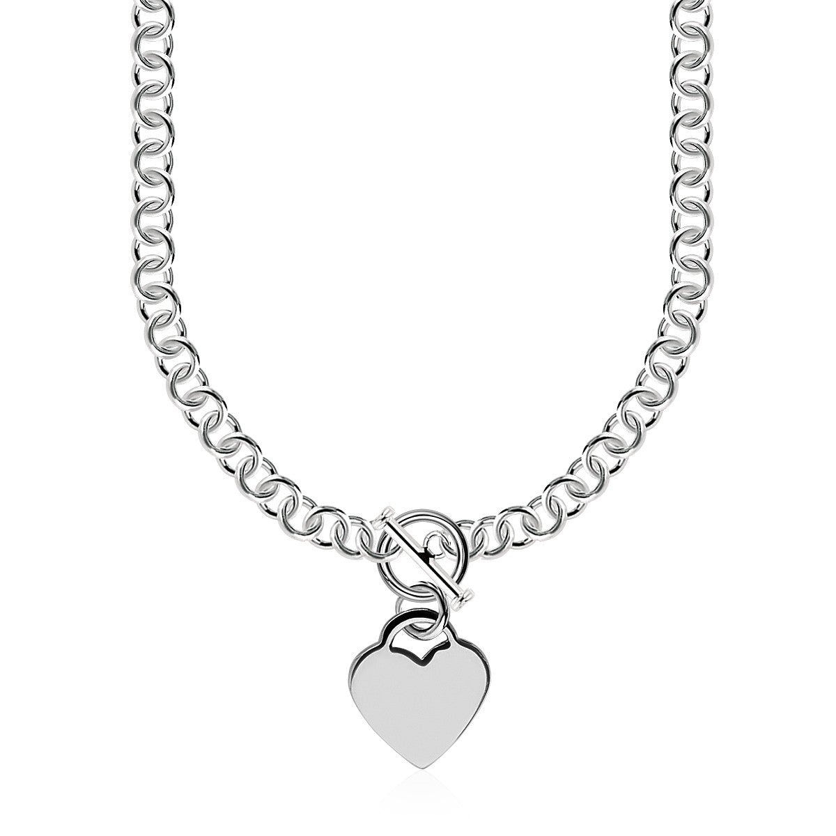 Sterling Silver Rolo Chain  with a Heart Toggle Charm and Rhodium Plating Necklace