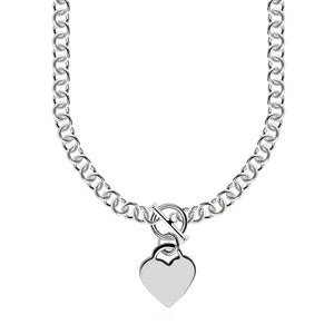 Sterling Silver Rolo Chain  with a Heart Toggle Charm and Rhodium Plating Necklace