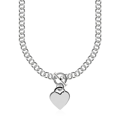 Sterling Silver Rolo Chain  with a Heart Toggle Charm and Rhodium Plating Necklace