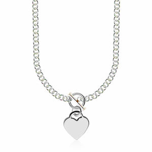 Sterling Silver Rhodium Plated Rolo Chain  with a Heart Toggle Charm Necklace