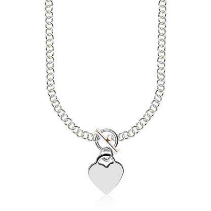 Sterling Silver Rhodium Plated Rolo Chain  with a Heart Toggle Charm Necklace