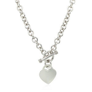 Sterling Silver Rhodium Plated Rolo Chain  with a Heart Toggle Charm Necklace