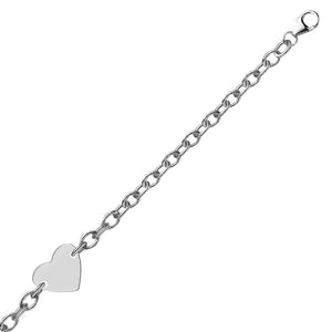 Sterling Silver Rhodium Plated Chain with a Flat Heart Station Bracelet