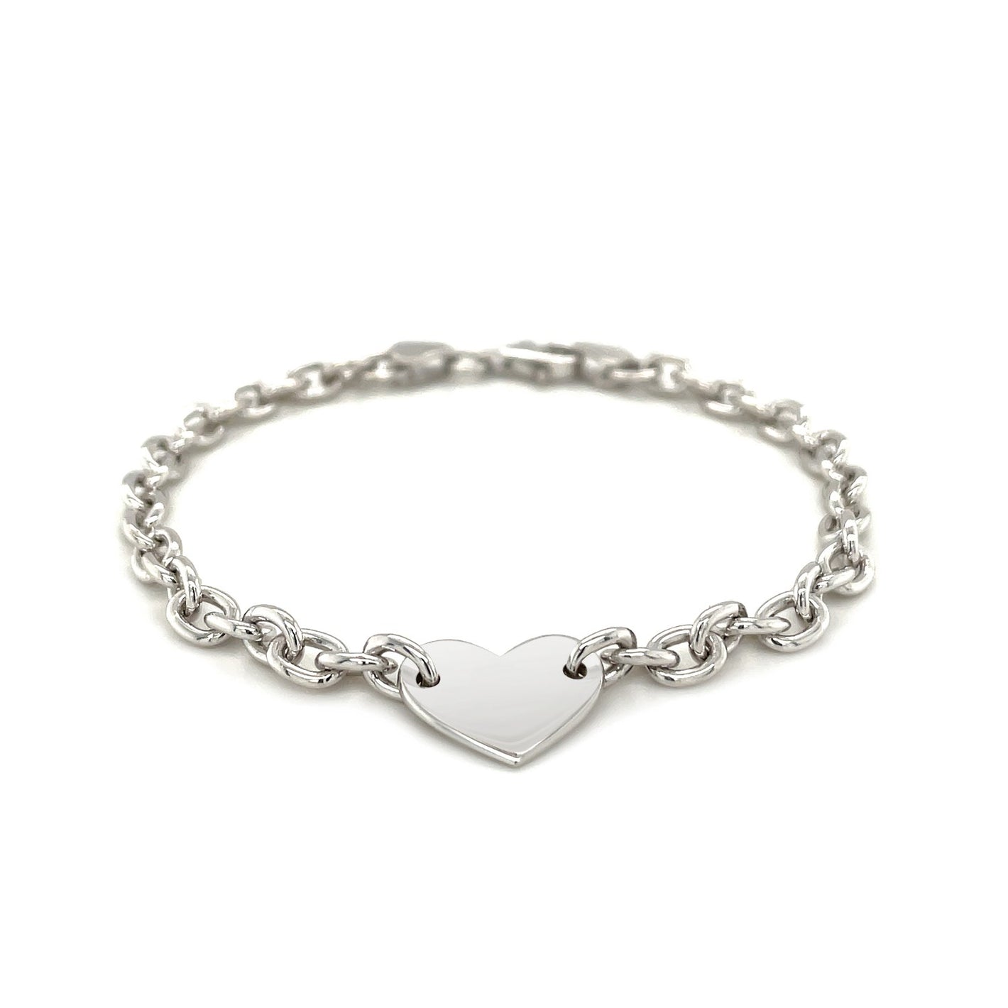 Sterling Silver Rhodium Plated Chain with a Flat Heart Station Bracelet