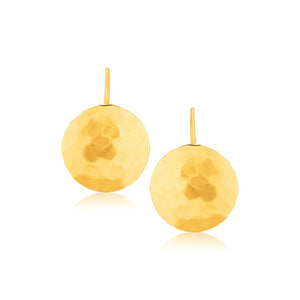 14k Yellow Gold Hammered Texture Disc Drop Medium Earrings