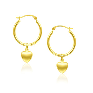 14k Yellow Gold  with Dangling Puffed Heart Hoop Earrings