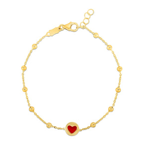 14k Yellow Gold Childrens with Beads and Enameled Heart Bracelet