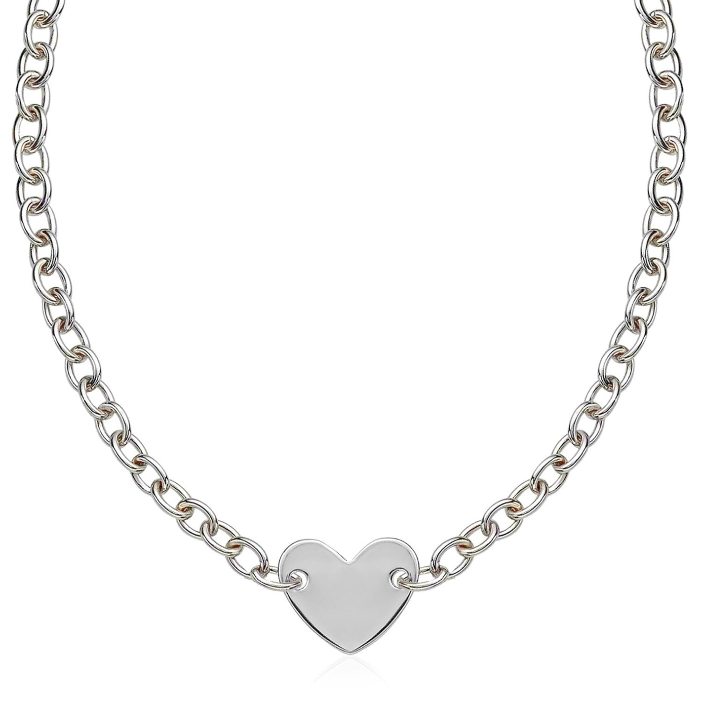 Sterling Silver Rhodium Plated Chain with a Flat Heart Motif Station Necklace