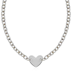 Sterling Silver Rhodium Plated Chain with a Flat Heart Motif Station Necklace