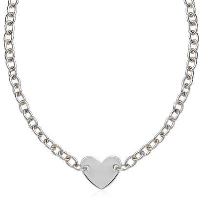 Sterling Silver Rhodium Plated Chain with a Flat Heart Motif Station Necklace