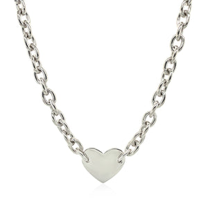 Sterling Silver Rhodium Plated Chain with a Flat Heart Motif Station Necklace