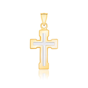 14k Two-Tone Gold Dual Cross Design  with Block Ends Pendant