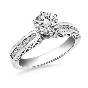 14k White Gold Channel Set with Engraved Sides Engagement Ring