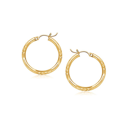 14k Yellow Gold Fancy Diamond Cut Slender Small Hoop Earrings