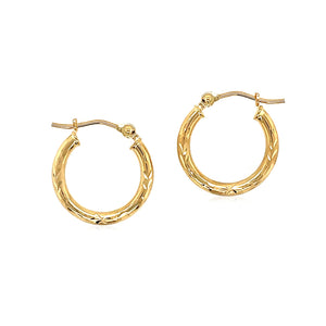 14k Yellow Gold Fancy Diamond Cut Slender Small Hoop Earrings