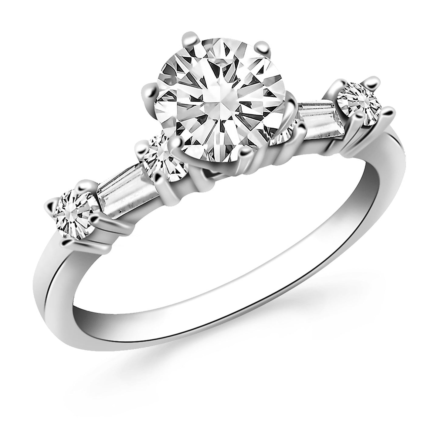 14k White Gold with Round and Baguette Diamonds Engagement Ring