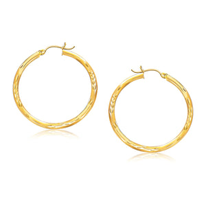 14k Yellow Gold Fancy Diamond Cut Hoop Earrings