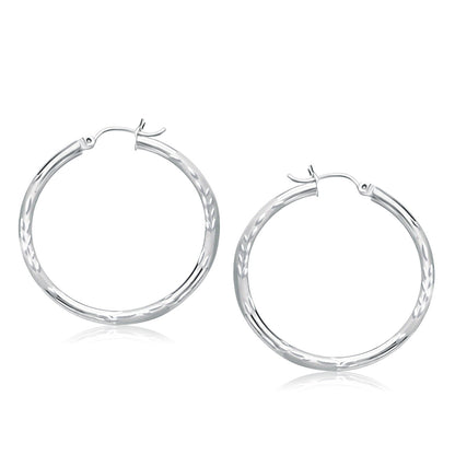 14k White Gold Fancy Diamond Cut Hoop Earrings