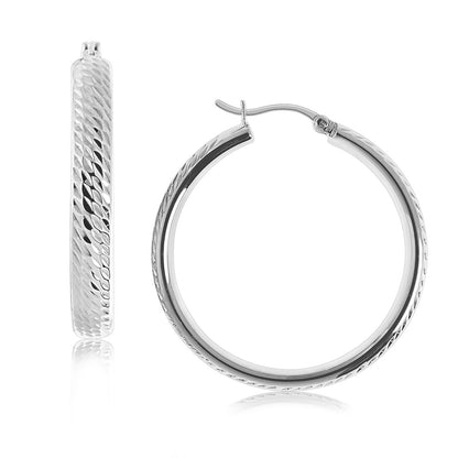 Sterling Silver Rhodium Plated Hoop Marquise Motif Diamond Cut Earrings