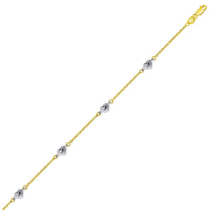 14k Two Tone Gold  with Diamond Cut Heart Style Stations Anklet