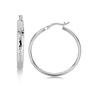 Sterling Silver Hammered Style  with Rhodium Plating   Hoop Earrings