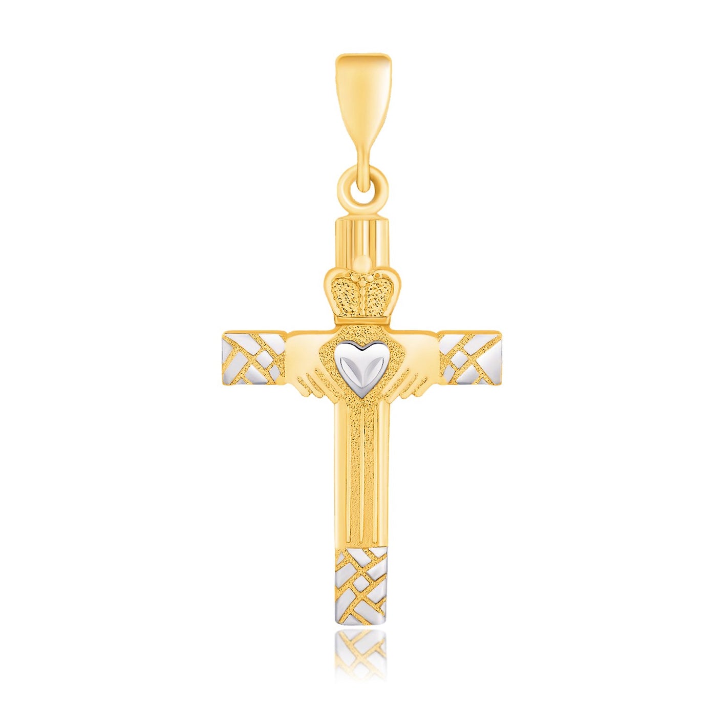 14k Two-Tone Gold Cross  with a Claddagh Motif Pendant