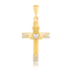 14k Two-Tone Gold Cross  with a Claddagh Motif Pendant