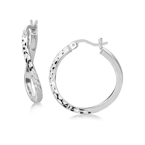 Sterling Silver Rhodium Plated Twist Style Hoop Diamond Cut Earrings