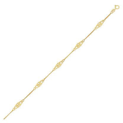 14k Yellow Gold  with Fancy Diamond Shape Filigree Stations Anklet