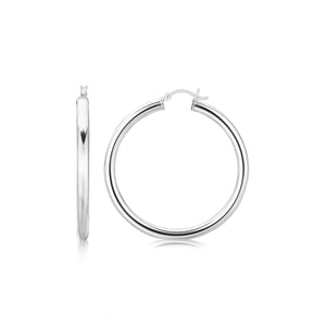 Sterling Silver Rhodium Plated Thick Large Polished Hoop Design Earrings