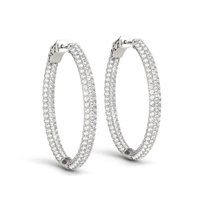 2 cttw Diamond Hoop with Double Sided Three Row 14k White Gold  Earrings