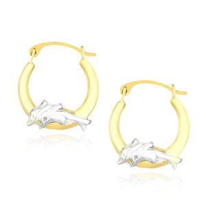 10k Two-Tone Gold Round Graduated Dolphin Design Hoop Earrings