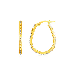 14k Two Tone Gold Oval Hoop  with Bead Texture Earrings