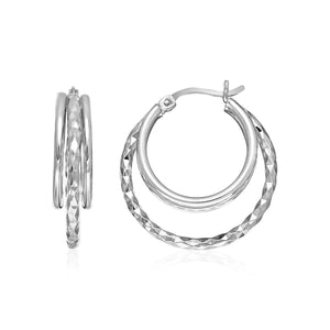 Sterling Silver Two-Part Graduated Polished and Textured Hoop Earrings