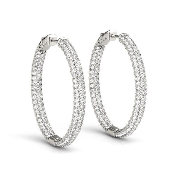 7 cttw Diamond Hoop with  Two Row Pave Set  14k White Gold  Earrings