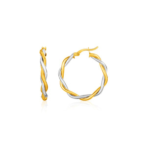 10k Yellow and White Gold Two-Tone Twisted Wire Round Hoop Earrings