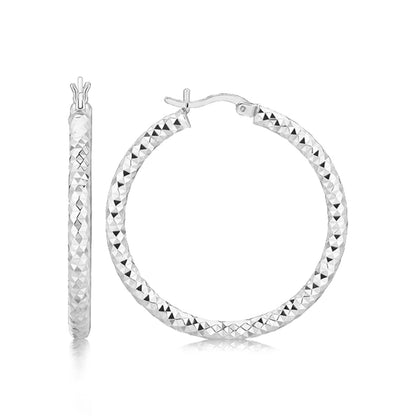 Sterling Silver with Rhodium Plating Faceted Motif Large Hoop Earrings