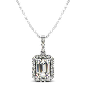 14k White Gold Halo Pendant With Emerald Center Diamond Necklace (1 1/5 cttw)