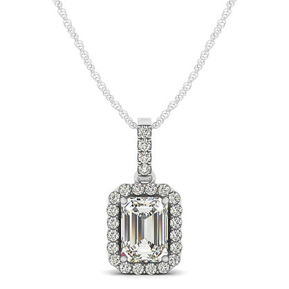 14k White Gold Halo Pendant With Emerald Center Diamond Necklace (1 1/5 cttw)