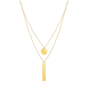 14k Yellow Gold with Circle and Bar Pendants Two Strand Necklace