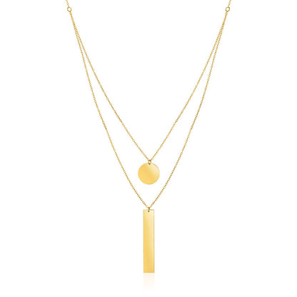 14k Yellow Gold with Circle and Bar Pendants Two Strand Necklace