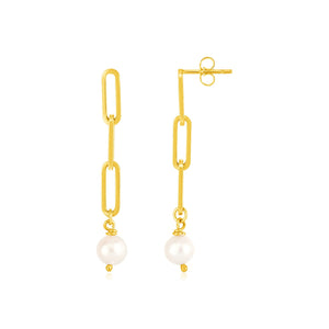 14k Yellow Gold Paperclip Chain Link with Pearls Earrings