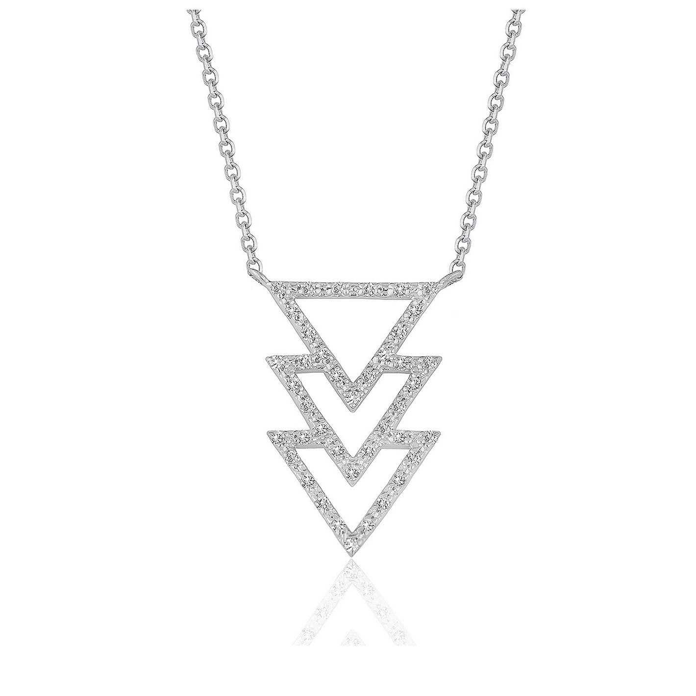 14k White Gold  Triple Triangle Pendant with Diamonds Necklace (1/5 cttw)