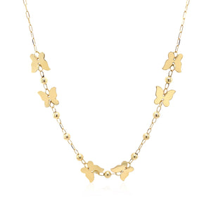 14k Yellow Gold with Polished Butterflies and Beads Necklace