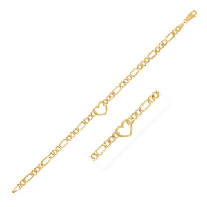 14k Yellow Gold Figaro Chain with Heart Bracelet