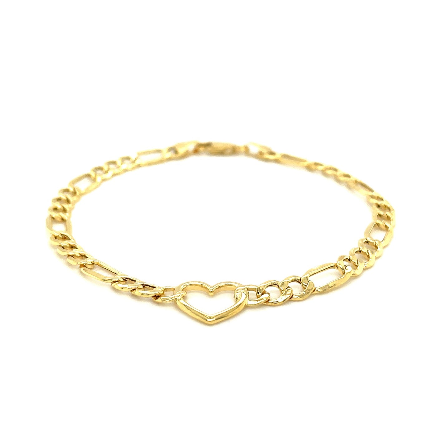 14k Yellow Gold Figaro Chain with Heart Bracelet