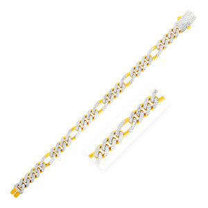 9.5mm 14k Yellow Gold White Pave High Polish Modern Lite Figaro Bracelet