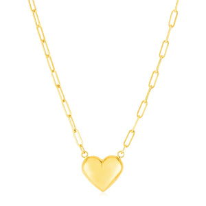 14k Yellow Gold Paperclip Chain  with Puffed Heart Necklace